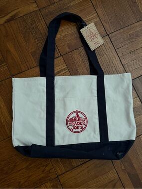 NWT. Large Trader Joe's Canvas Tote Bag 2 pockets. WH/BL
